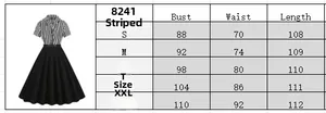 Detailed size chart for V-neck striped vintage dress from size S to XXL with measurements