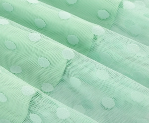 Close-up of mint green tulle fabric featuring white polka dots and soft mesh texture