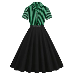 Women Vintage Green Striped A-Line Midi Dress With Belt V Neck Short Sleeve Retro Button Down Polyester Summer Dress