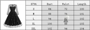 Size chart table for retro gold-stamped dress showing bust, waist and length dimensions