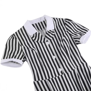 Vintage short sleeve striped dress with white Peter Pan collar and decorative buttons