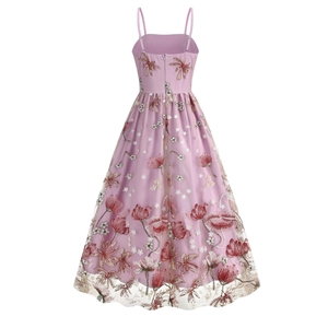 Elegant purple spaghetti strap midi dress with floral embroidery and mesh overlay layers