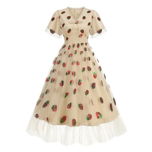 Vintage mesh dress with sequins strawberry pattern and lace trim V-neck in beige finish