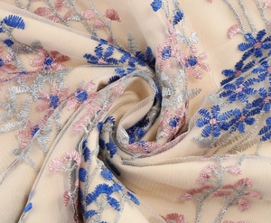 Detailaufnahme der schweren Stickerei auf Netzgewebe mit Blumenmustern in Blau und Rosa