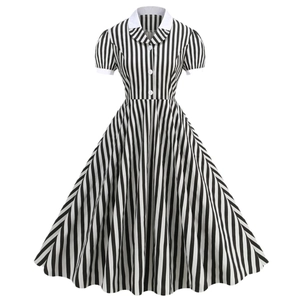 Retro black and white striped short sleeve dress with Peter Pan collar and A-line skirt