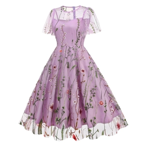 Lavender mesh dress featuring floral embroidery and elegant short ruffle sleeves