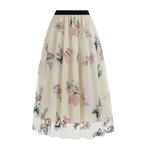 Jupe Midi en Maille avec Broderie de Papillon Vintage pour Femme Taille Haute Tulle Superposé Ligne A Élégante