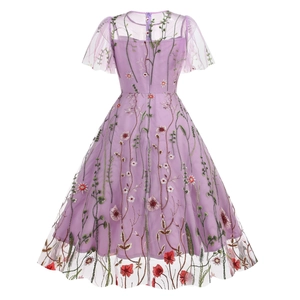 Elegant purple mesh dress featuring floral embroidery and round neck short sleeves back view