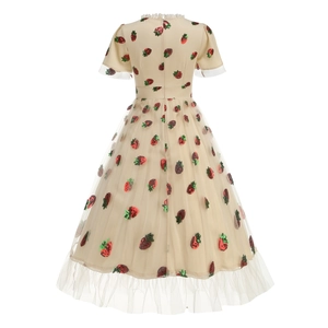 Vintage 50s cream tulle dress with red sequin strawberry embroidery and lace trim