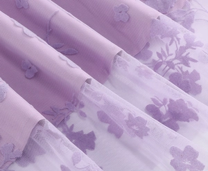 Gros plan sur tissu en maille violette avec motifs floraux et texture dentelle fine