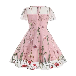 Detail view of pink girls mesh dress back showing floral embroidery and hidden zipper