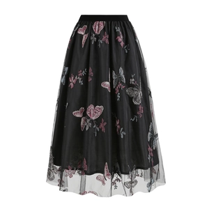 Jupe midi rétro en tulle noir avec broderie papillon colorée et taille élastique large