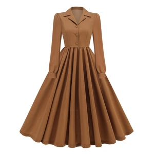 Détails de la robe vintage marron à manches longues avec col à revers et taille boutonnée