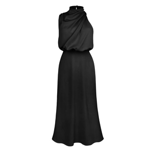 Detail of high neck pleated satin dress in black with elegant silk-like texture and draping