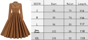 Guide des tailles pour robe rétro à manches longues avec mesures du buste et de la taille