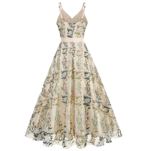 Detailed back view of vintage beige V-neck maxi dress with colorful floral embroidery