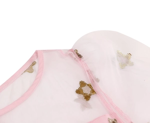 Detailed shot of pink mesh fabric with shiny gold star sequins and satin piping edges