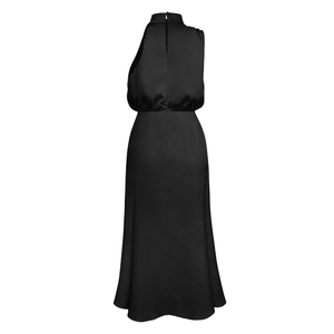 Back view of elegant black satin sleeveless dress showing invisible zipper and high neck closure