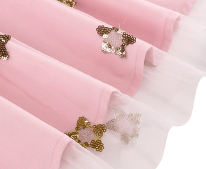 Close-up of pink tulle dress hem featuring gold and silver butterfly sequin embroidery