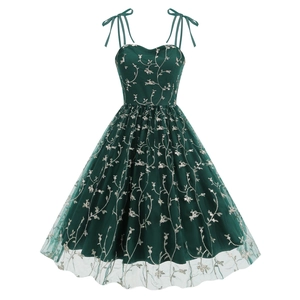 Vintage dark green bow strap dress with gold floral embroidery and layered mesh skirt
