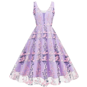 Damen Vintage V-Ausschnitt Ärmellos Blumenstickerei Netzgewebe Kleid Elegant Schlank Hohe Taille A-Linie Midi Abendkleid