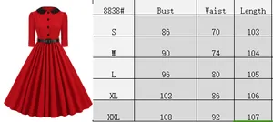 Size chart for vintage red dress showing bust, waist, and length measurements for S to XXL