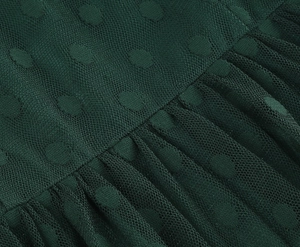 Detailed macro view of dark green polka dot fabric with delicate pleated stitching