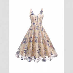 Elegantes champagnerfarbenes V-Ausschnitt Kleid mit blauer Blumenstickerei und A-Linie