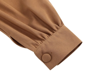 Détail des poignets plissés élégants et bouton en tissu assorti sur robe vintage marron