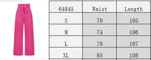 Detailed size chart for high waist wide leg trousers showing waist and length measurements