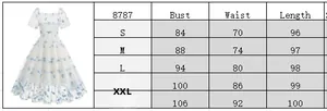 Detailed size chart for vintage white floral mesh dress featuring bust and waist measurements