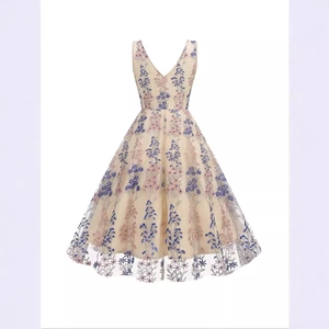 Elegantes ärmelloses A-Linien-Kleid in Champagner mit Blumenstickerei und Mesh-Overlay
