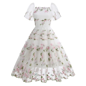 Vintage 50s white mesh floral embroidery puff sleeve cake dress with multi-layer tulle