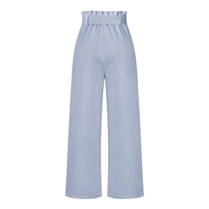 Detail of paperbag elastic high waist and matching tie belt on light blue wide leg pants