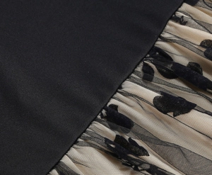 Detailaufnahme eines schwarzen Kleides mit transparentem Netzeinsatz und Herzmuster-Nähten