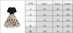 Size guide table for floral mesh cocktail dress with bust and waist measurements
