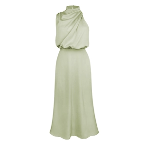 Detail of light green satin sleeveless dress with pleated high neck and draped bodice