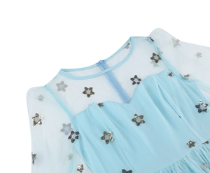 Detail showing the star sequin embroidery on mesh collar and sleeves of light blue dress