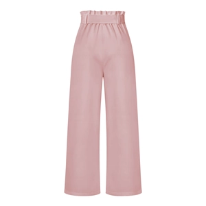 Detail of high waist paperbag trousers in light pink with belt loops and loose wide legs