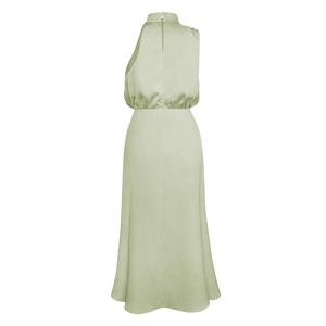 Detail of sage green satin sleeveless dress showing high neck and gathered elastic waist