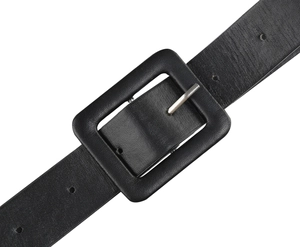 Detail shot of the vintage black leather belt with square buckle and lychee texture