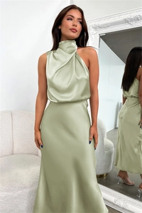 Mirror view showing front and back of light green satin sleeveless halter dress