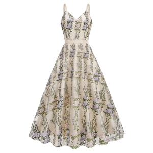 Elegant V-neck mesh maxi dress with purple floral embroidery and adjustable straps