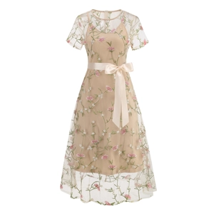 French Vintage Women Floral Embroidery Mesh Two-Piece Dress Short Sleeve A-Line Midi Dress With Belt Elegant Party Outfit