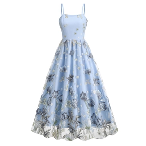 Elegant Spaghetti Strap Midi Dress For Women Floral Embroidery Mesh A-Line Vintage French Style Cocktail Party Prom Dress