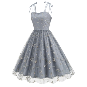 Detail showing delicate floral embroidery on light blue mesh fabric with ribbon straps