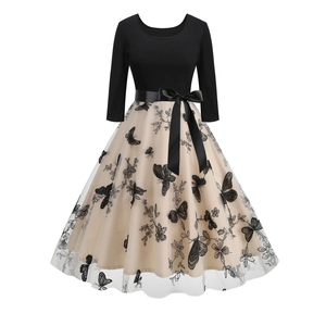 Elegantes Vintage-Kleid mit U-Ausschnitt, schwarzer Netz-Schmetterlingsstickerei und Schleife