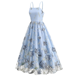 Detailed close-up of light blue mesh dress featuring dark blue floral embroidery details