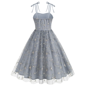 Detailed back view of vintage embroidery mesh dress with smocked bodice and ribbon straps