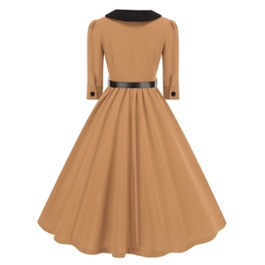 Detail view of the vintage camel A-line dress back with black Peter Pan collar and belt